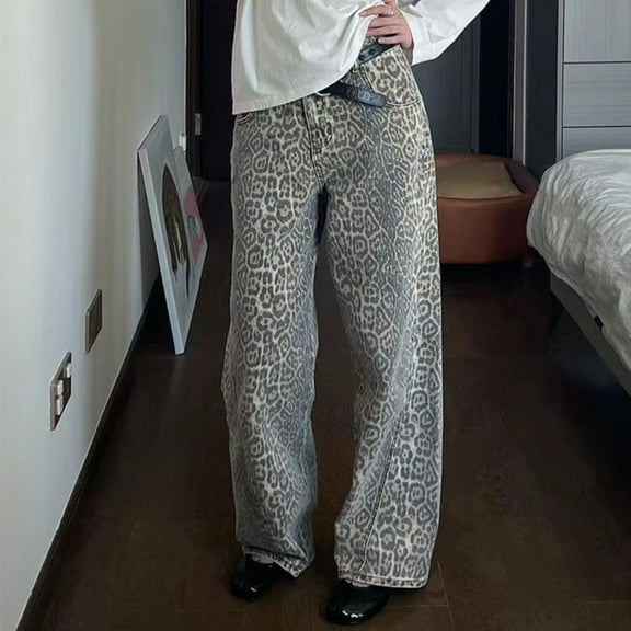 Xuniizn Leopard Print Pants for Women, High Waist Straight Leg Jeans with Pockets, Soft Comfortable Trendy Vintage Versatile Jeans, S-3XL