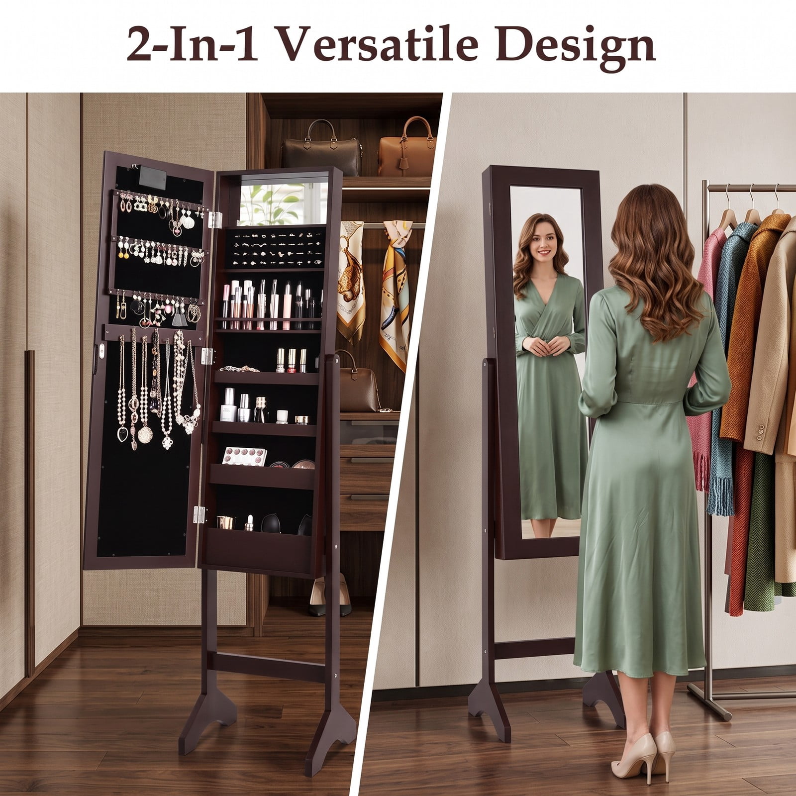 Furnibear Freestanding Mirrored Jewelry Cabinet Armoire Organizer with Full-Length Mirror and 18 LED Lights for Bedroom, Brown