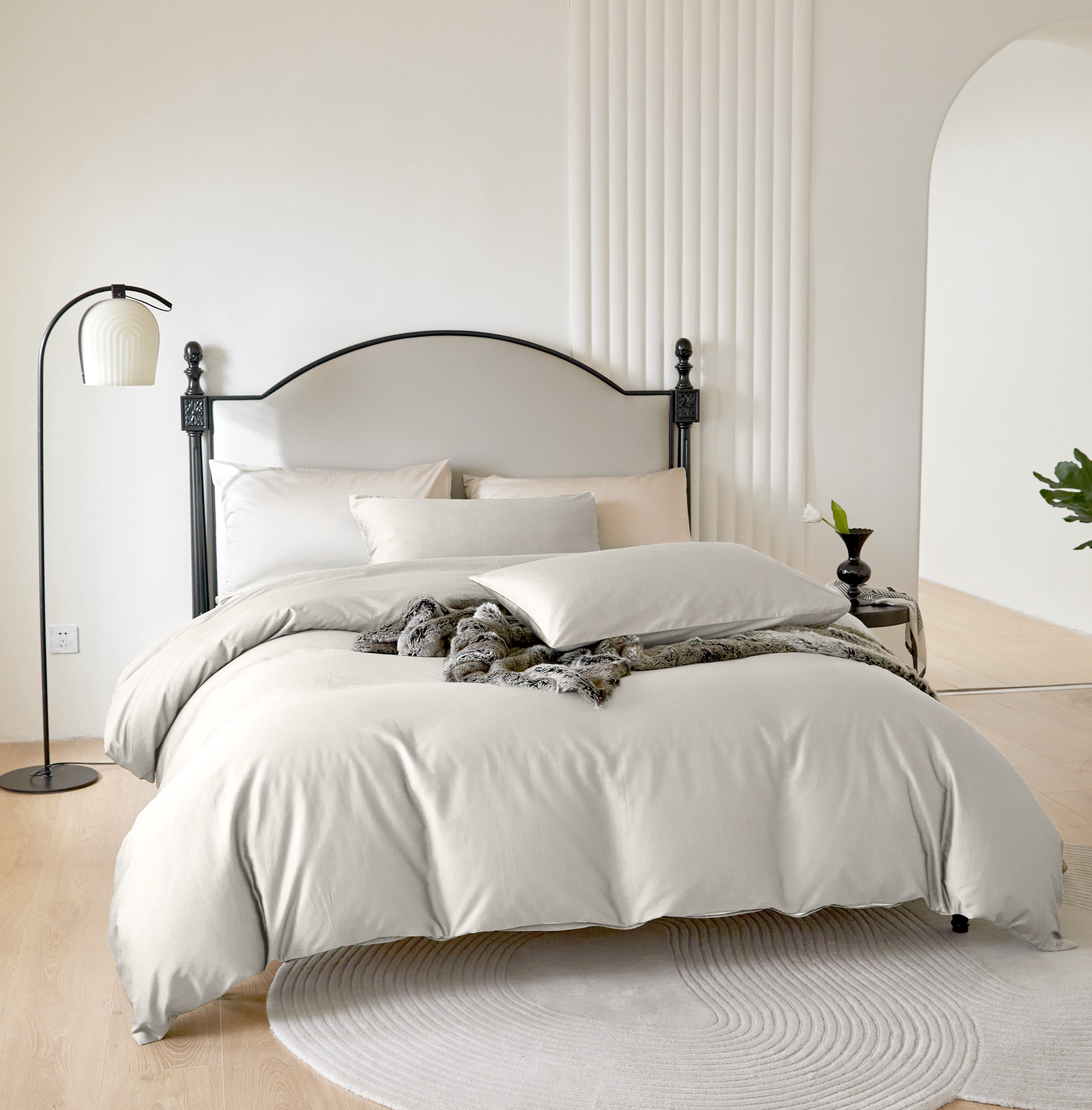PURE ERA Long Staple Cotton Duvet Cover 3pc Set 800 Thread Count Sateen Silky Soft Luster(Ivory Gray Queen Size)