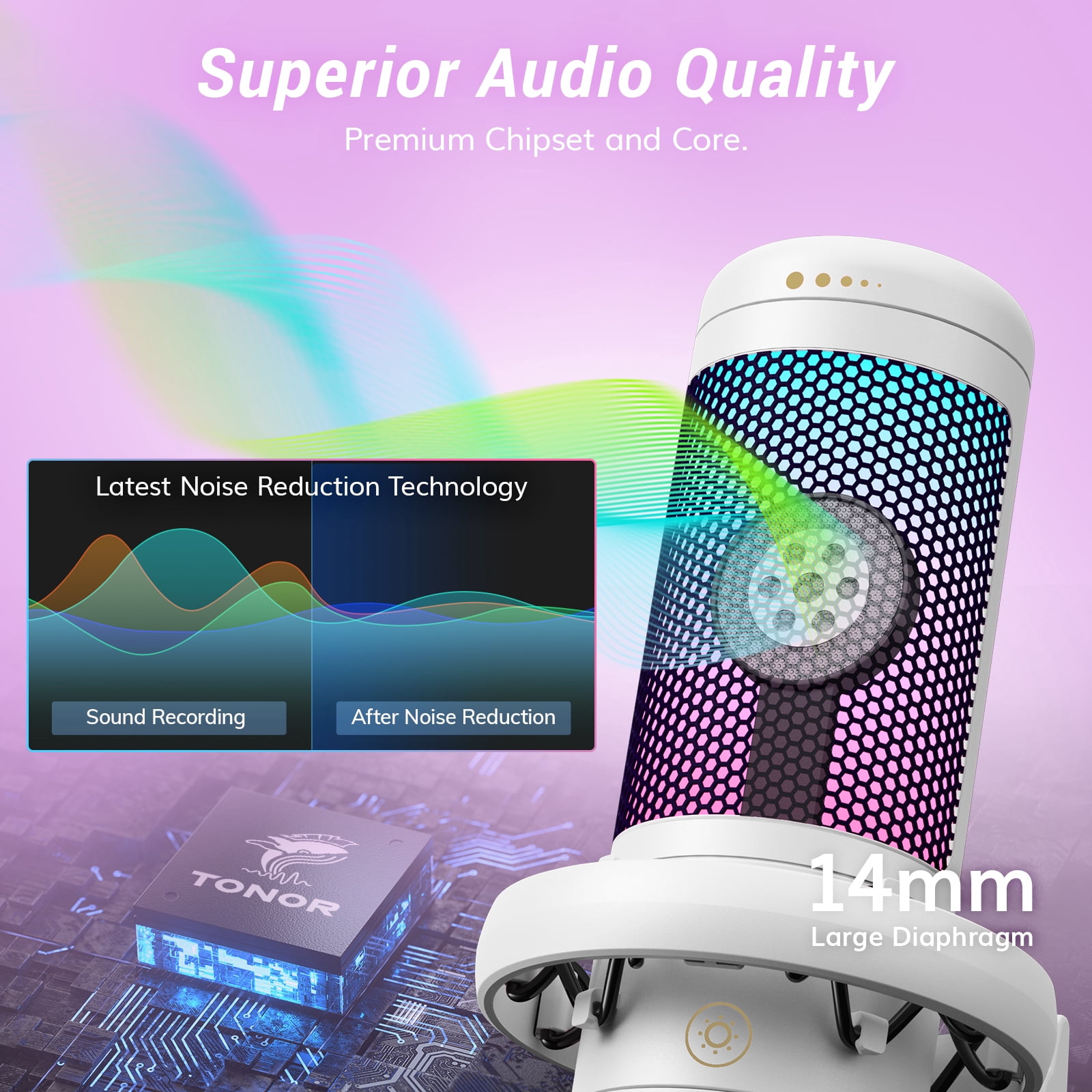 TONOR TC310+ Gaming Microphone Set Type-C Plug,  Desktop USB Microphone with RGB, Quick Mute, for Twitch, Streaming, Podcast, Studio Recording, Discord Chatting, 200 cm/78 inch Cable, White