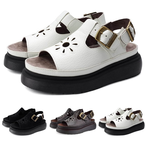 Modstep Platform Sandals for Women with Buckles Strap Open Toe Casual Flower Shoes Summer Comfortable Leather Walking Sandal size 6 Black