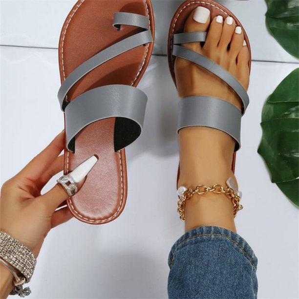 Zapatillas planas para mujer, de verano, de color liso, con punta redonda, para uso exterior, informales, sandalias de talla grande