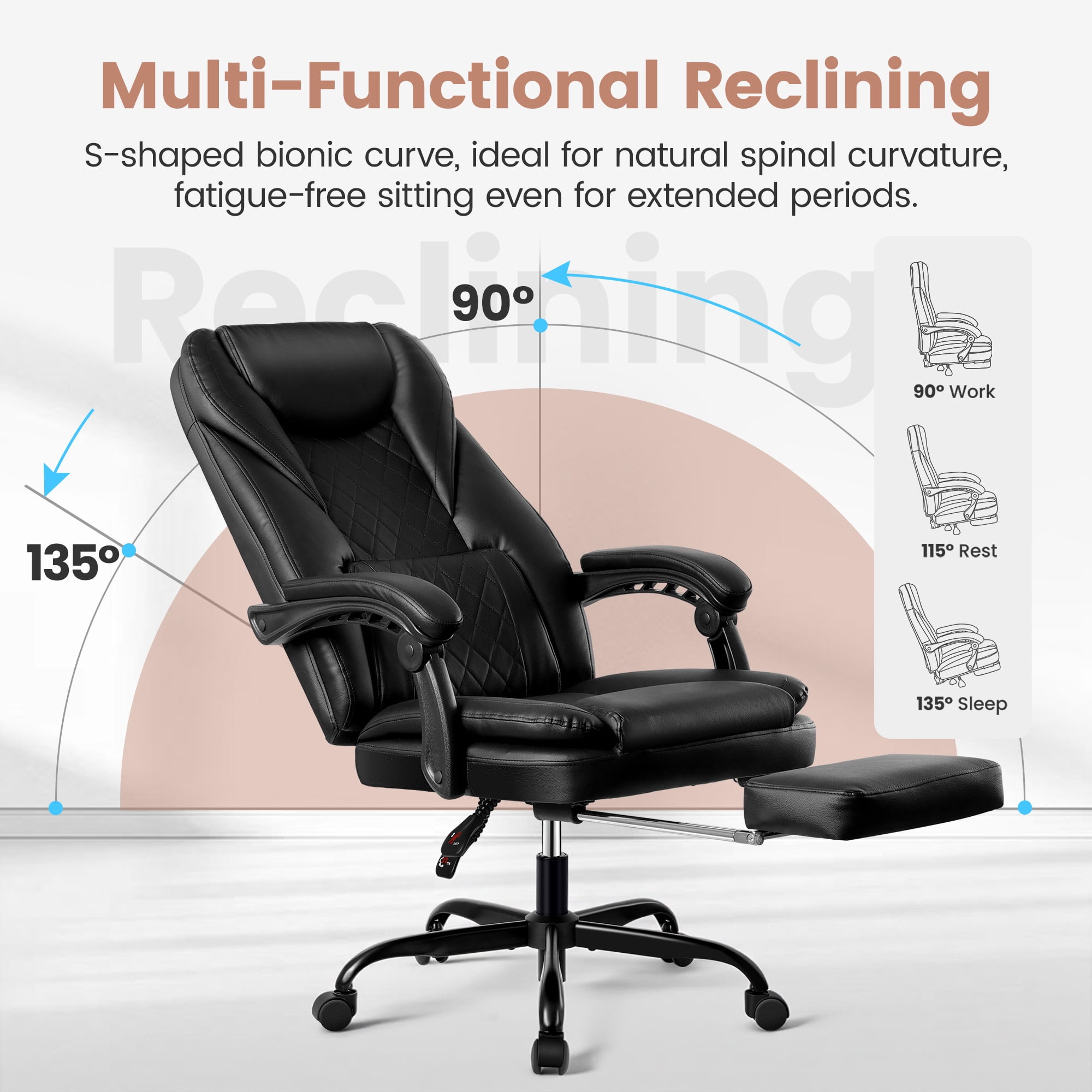 COOLHUT Executive Office Chair, Big and Tall Office Chair with Footrest Reclining Faux Leather Chair High Back Lumbar Support Ergonomic Office Chair with Padded Armrests, Black