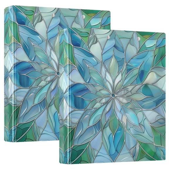 Blue Green Floral Stained Glass Hardcover 3 Ring Binder 1.5” Round Rings Letter Size Paper Pockets for School Office Supplies