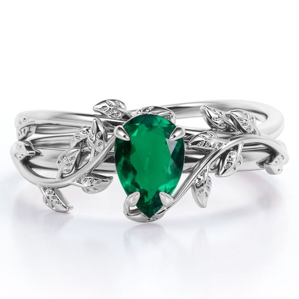 JeenMata Four Prong Solitaire - 1 TCW Pear Shaped Lab Created Emerald - Leaf Pattern Wedding Set - 18K White Gold Plating over Silver