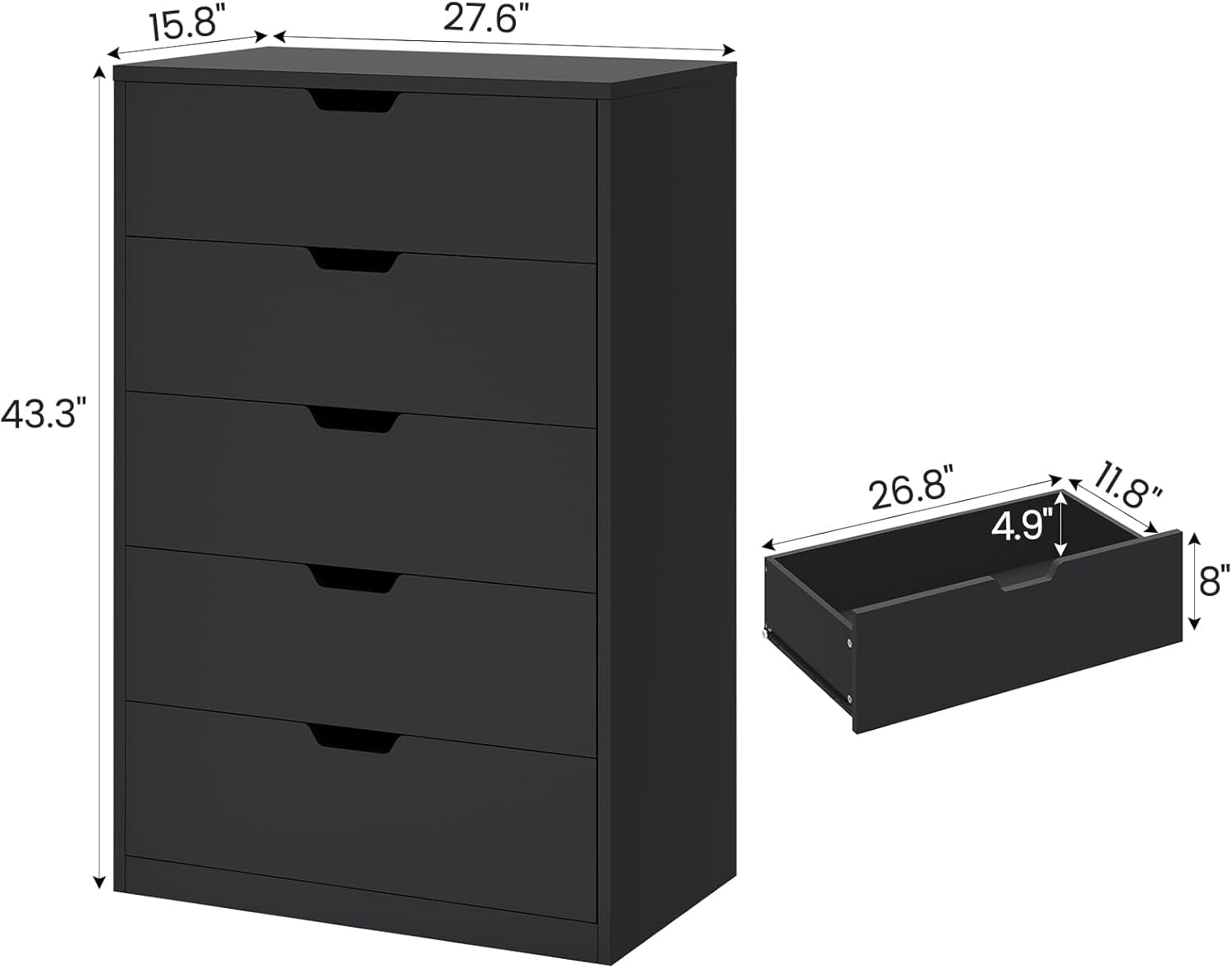 Afuhokles Tall 5 Drawer Dresser, Modern Chest of Drawers for Bedroom, Black