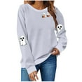 thumbnail image 3 of yoeyez Halloween Sweatshirt Women Ghost Pumpkin Long Sleeve Shirt Crewneck Casual Fall Spooky Pullover Tops Gray,S, 3 of 5