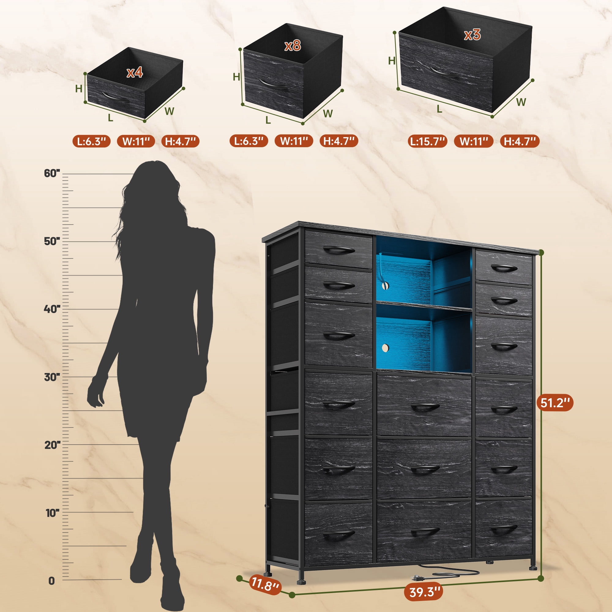 EnHomee Black Tall Dressers for Bedroom with 15 Drawers Dresser with LED Lights &Charging Station,39"L x 12"W x 51"H