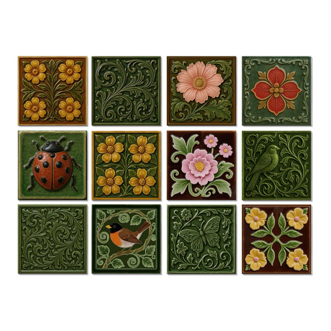 12 Sheets Tile Sticker Waterproof Peel and Stick Backsplash 5.9" x 5.9" Green Flower Wall Stickers Self-Adhesive DIY Decor Decals