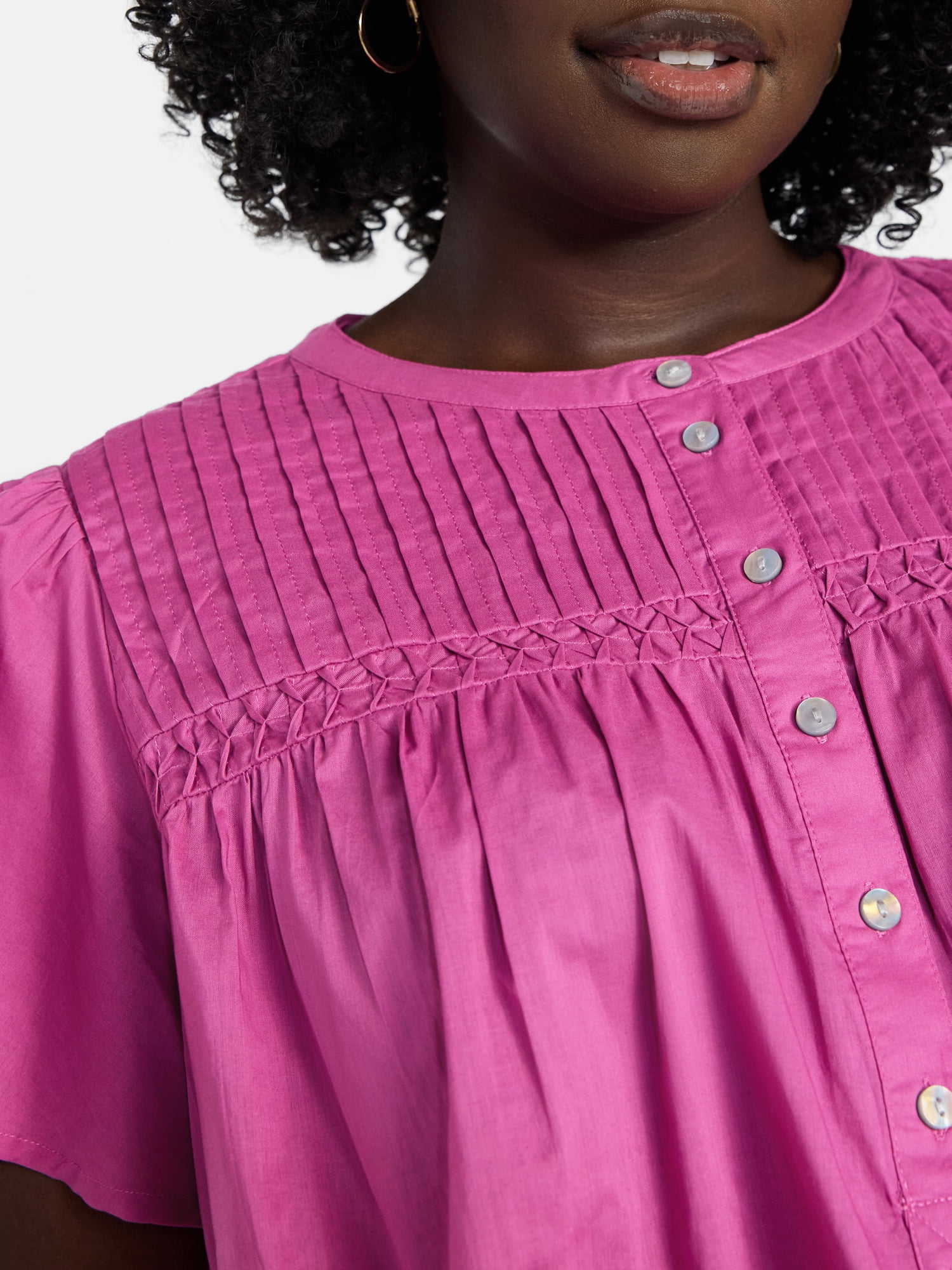 Terra & Sky Women’s Pleated Yoke Top with Short Flutter Sleeves, Sizes 0X-5X