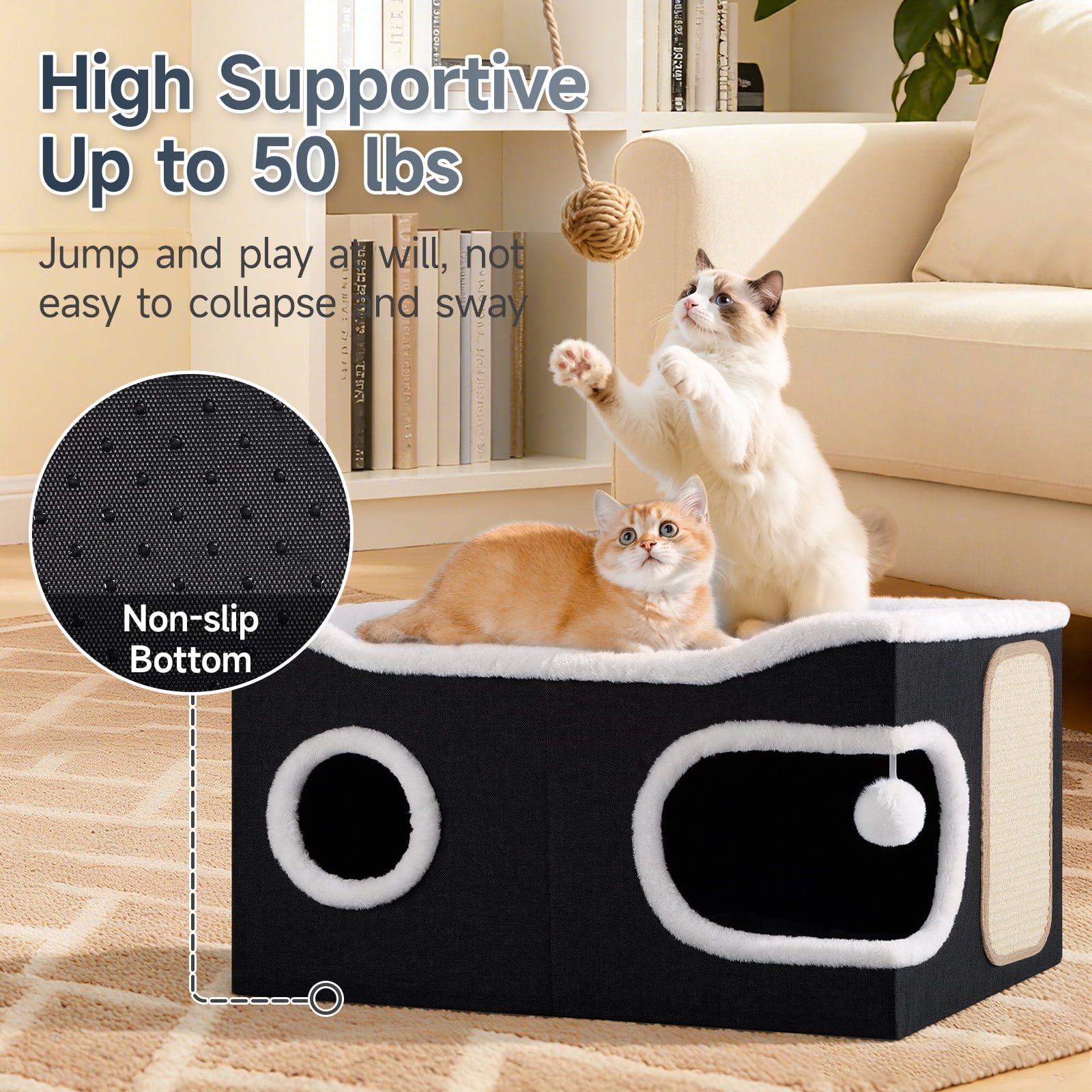 Cat Beds for Indoor Cats, Extra Wide Large Cat House for Pet Cat Cave with Scratch Pad and Fluffy Hanging Ball,Foldable Cat Cube Hideaway,Black