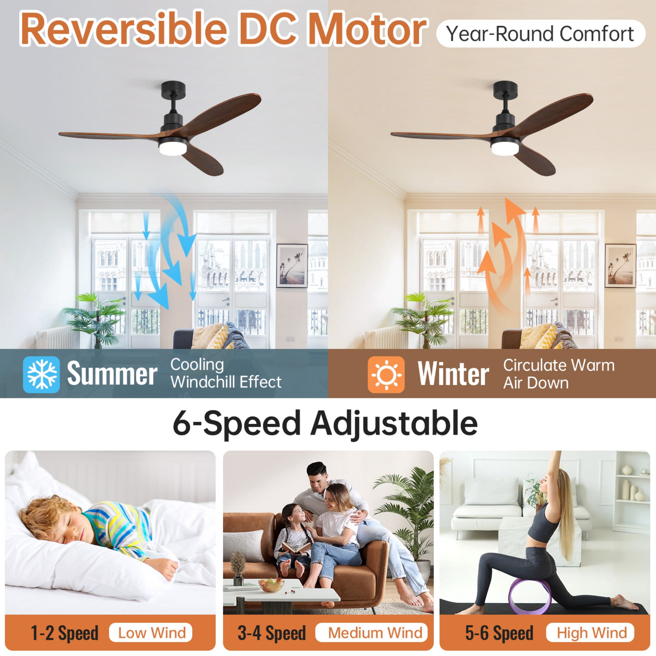 Sofucor 60" Black with Brown Blades Modern Ceiling Fan with Light and Remote