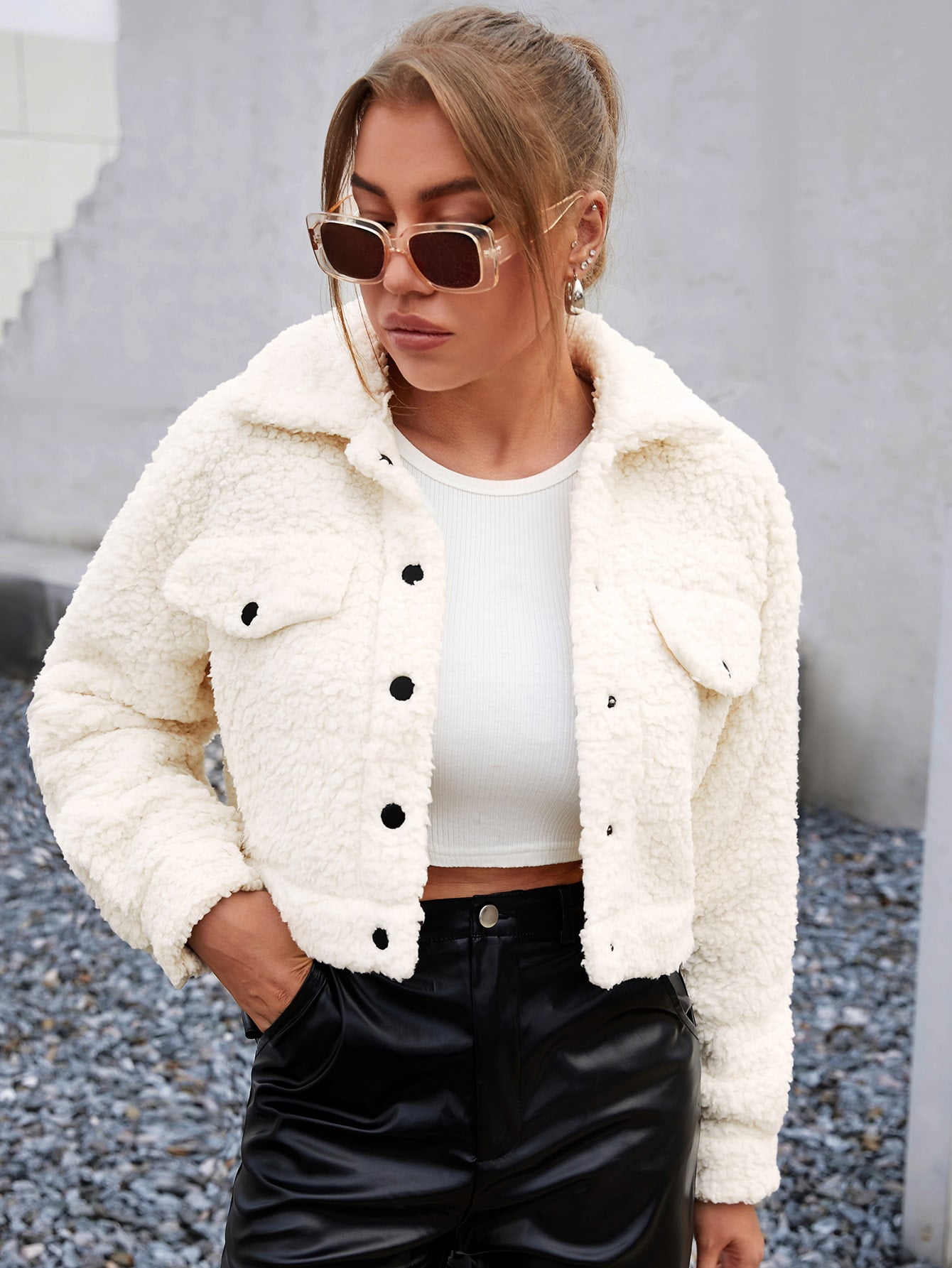 cropped teddy jacket white