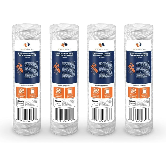 Aquaboon Whole House 5 Micron 10 x 2.5 String Wound Sediment Water Filter Cartridge Replacement Compatible with Well Water Filter WHKF-WHSW, 4-Pack