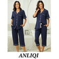 thumbnail image 6 of ANLIQI Women's Pajama Sets 100% Cotton Summer Short Sleeve Capri Pajamas for Women Set Button Down Pjs Soft Sleepwear(Navy Blue,2XL), 6 of 7