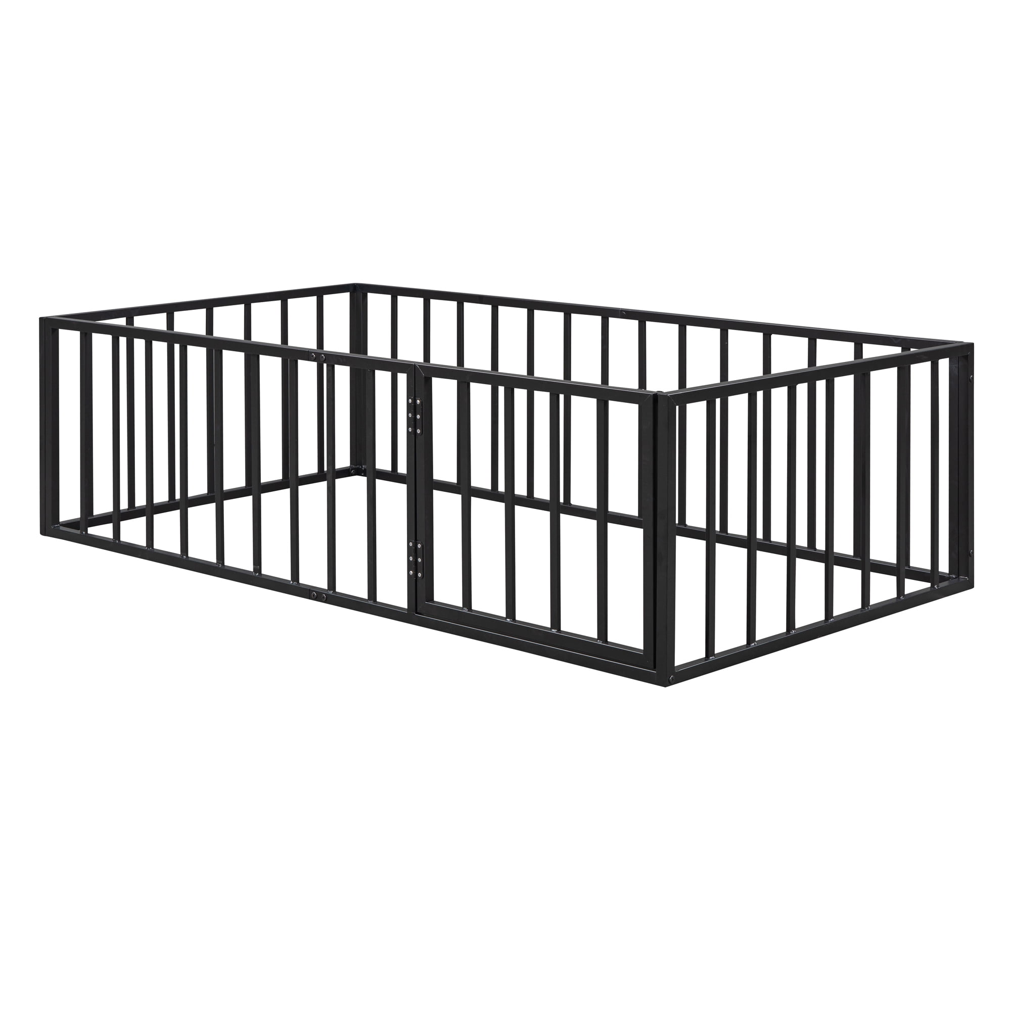 Aukfa Twin Size Metal Bed Frame with with Fence and Door, Floor Bed for Kids Toddler, Black