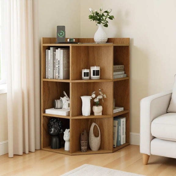 GVN 3-Tier Corner Storage Cabinet Modern Freestanding Organizer with Charging Station for Bedroom Living Room Home Office Compact Furniture, Natural