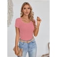 thumbnail image 4 of Womens Tops Summer Square Neck Short Sleeve Shirts Ribbed Knit Slim Fitted Tshirt Casual Tees Clothing, 4 of 5
