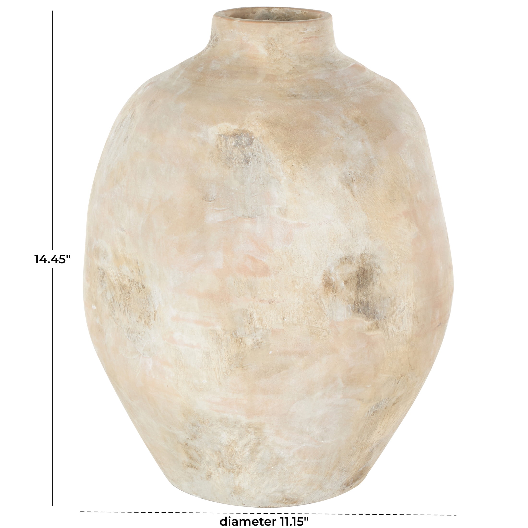 DecMode 14" Antique Wide Beige Ceramic Vase with Shades of Pink