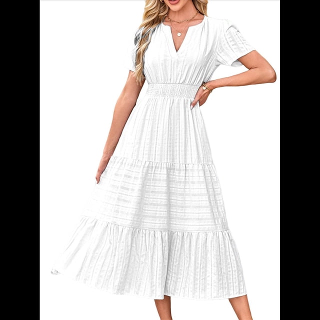 Vestido Bohemio Informal de Verano para Mujer, Ligero, de Corta, Cuello en V, Cintura Elástica y Bolsillos. S