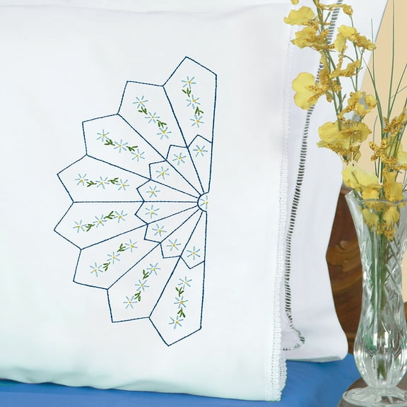 Jack Dempsey Stamped Pillowcases W/White Lace Edge 2/Pkg-Daisy Spray