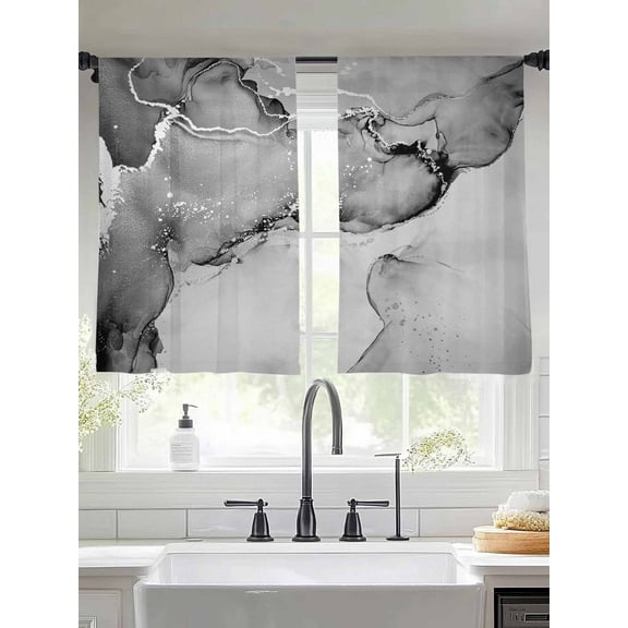 Grey Marble Sheer Curtains for Living Room Bedroom Nature Marble Stone Ripple Modern Art Sheer Curtains 45 Inch Long 2 Panels Set Light Filtering Curtain Window Treatments Drapes for Dining Room