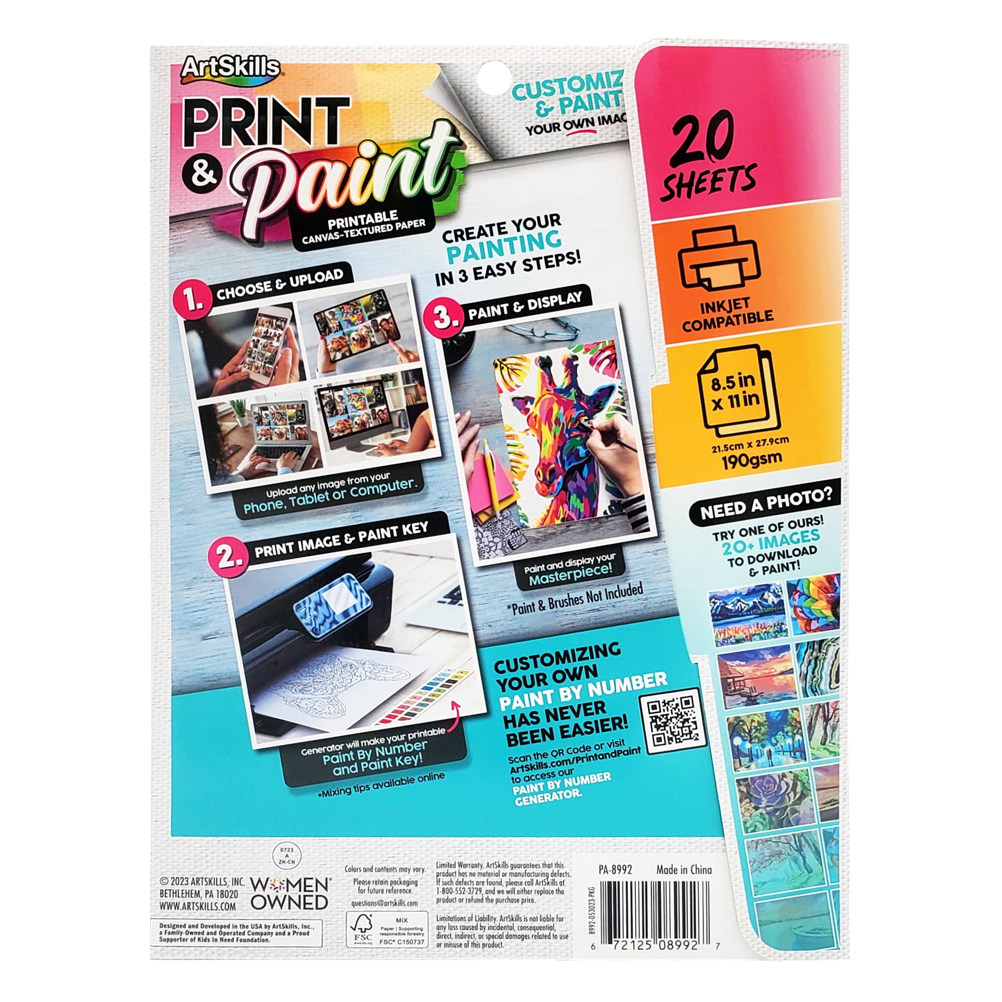 ArtSkills Print and Paint Canvas Printer Paper for Custom Paint by Numbers for Adults and Kids, 8.5" x 11", 20 Count