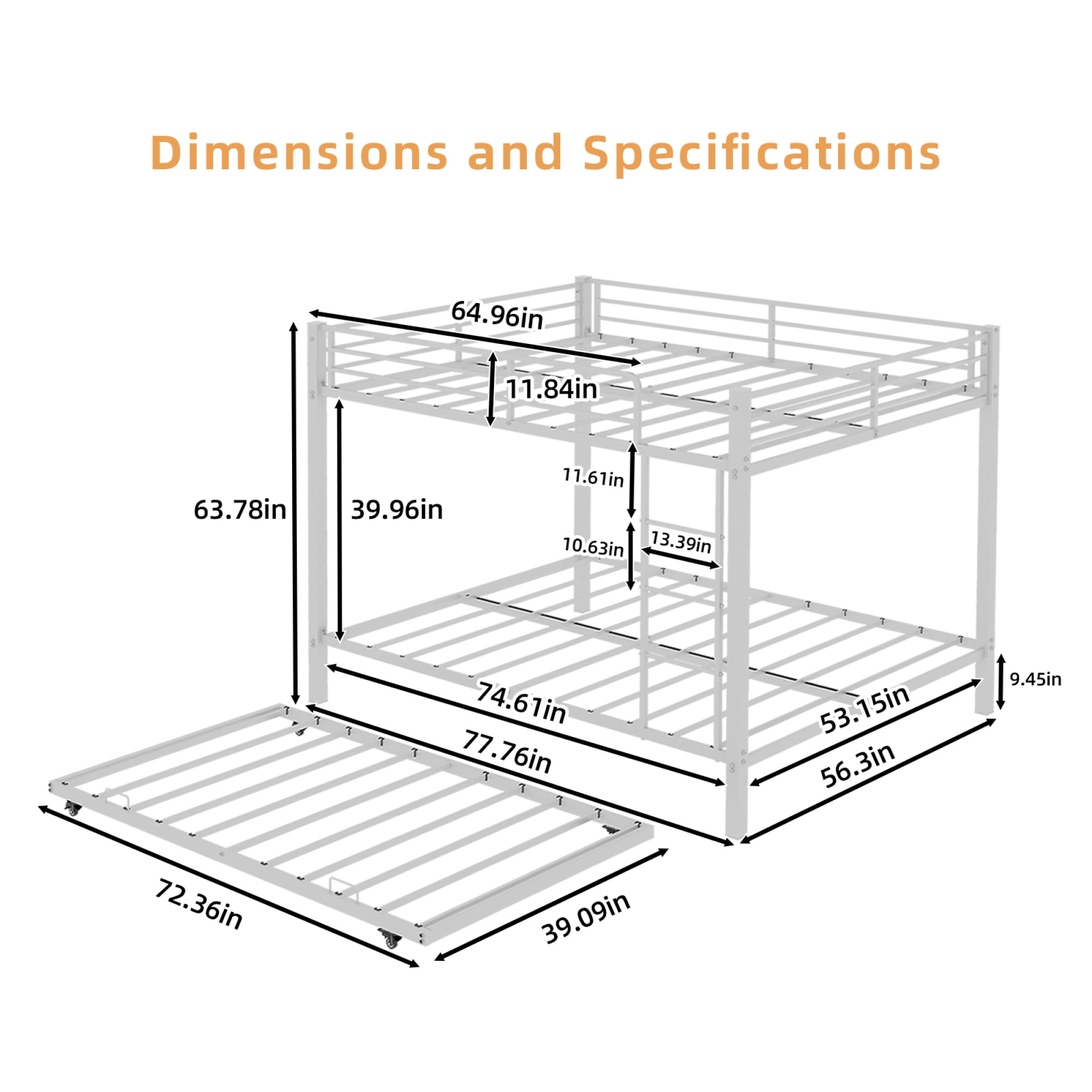 Leumius Triple Bunk Bed Full over Full with Trundle, Convertible Metal Bunk Bed Frame with Ladder & Safety Guardrail, Space-Saving for Teens and Adults,White