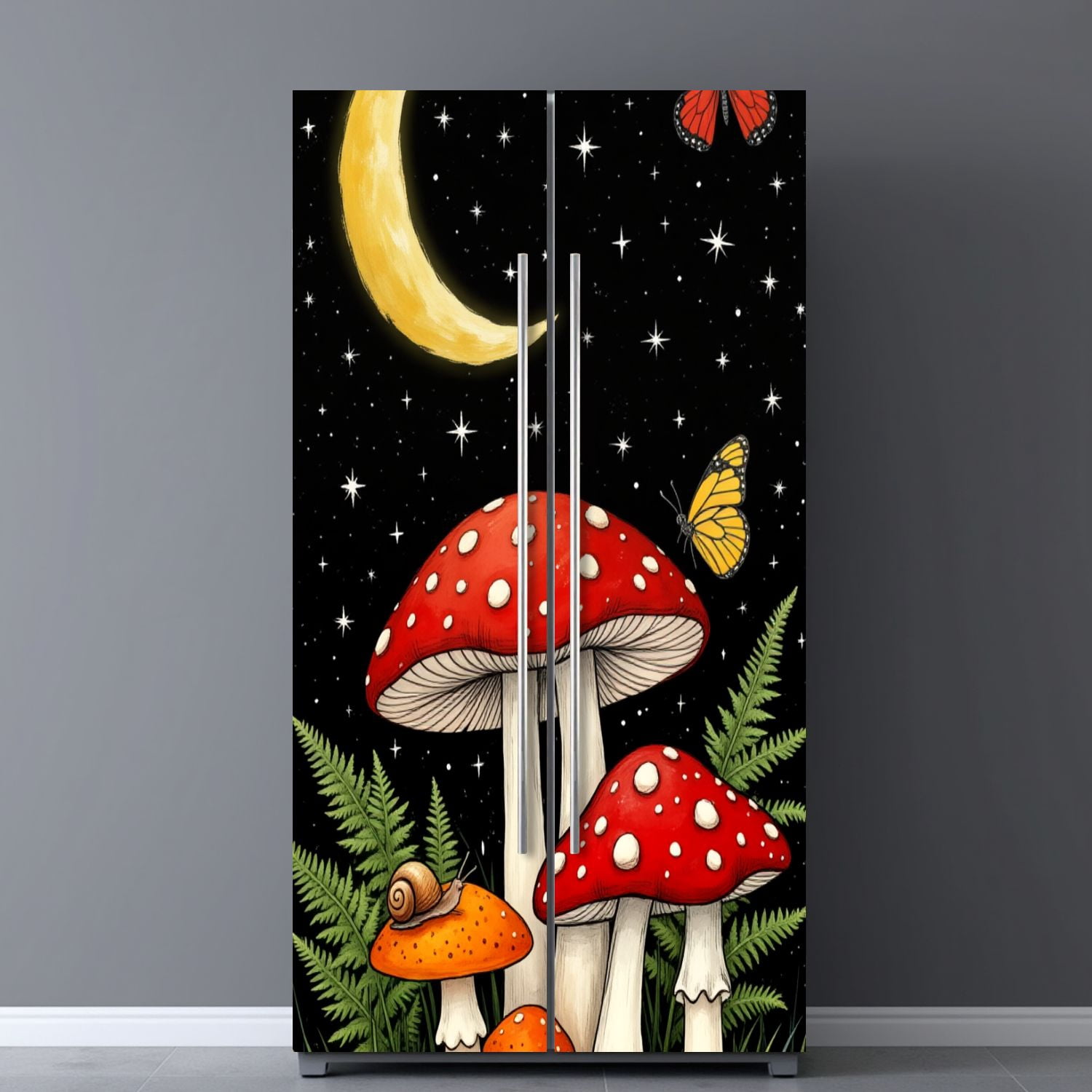 Self Adhesive Vinyl Refrigerator Wrap Set Magical Forest Red Mushrooms Crescent Moon Butterflies Boho Door Mural Removable Fridge Sticker Peel and Stick&nbsp;Full Door Cover Decal Kitchen Bar Decor