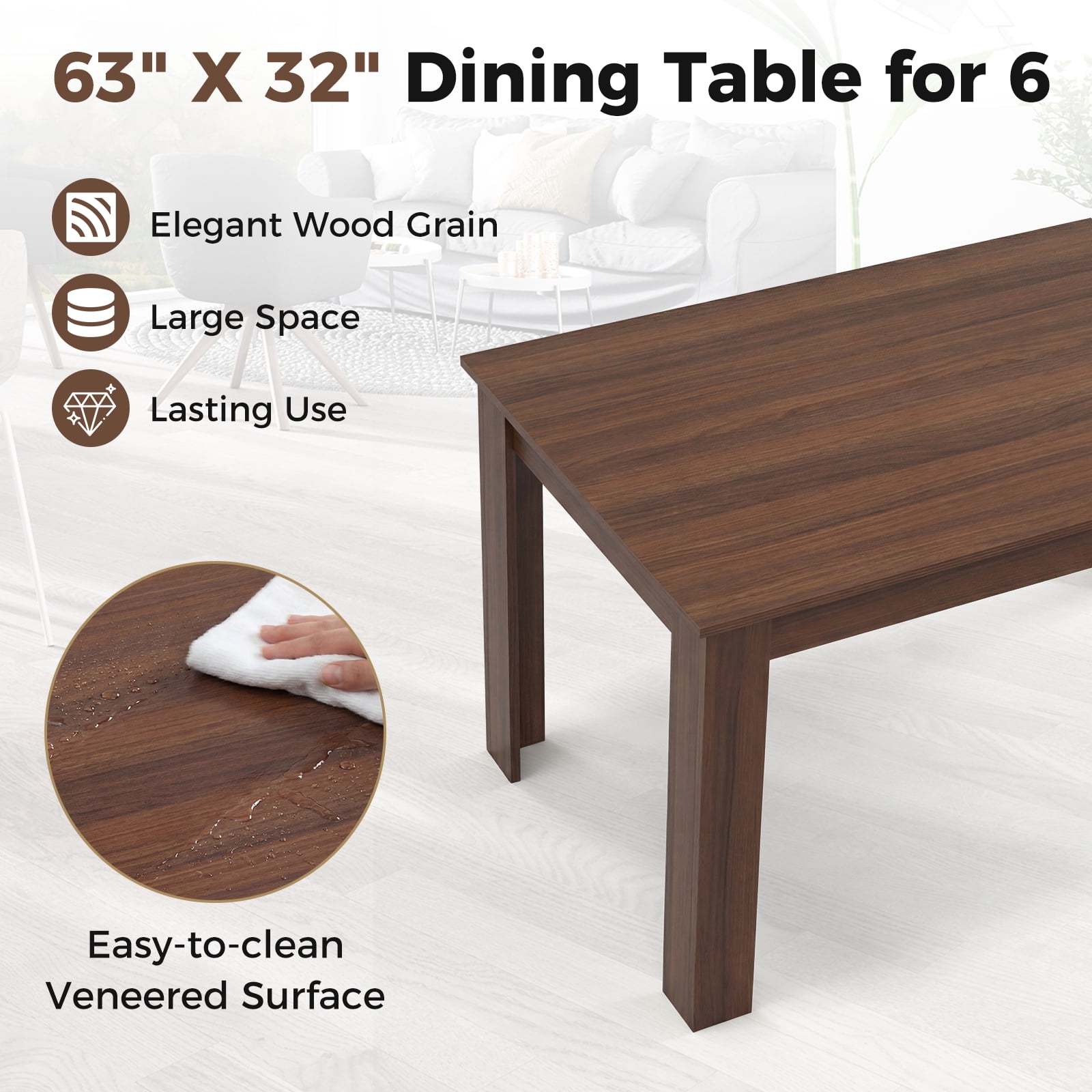 Costway 63" Dining Table Rectangular Modern Kitchen Table For 6 People Home Furniture Walnut