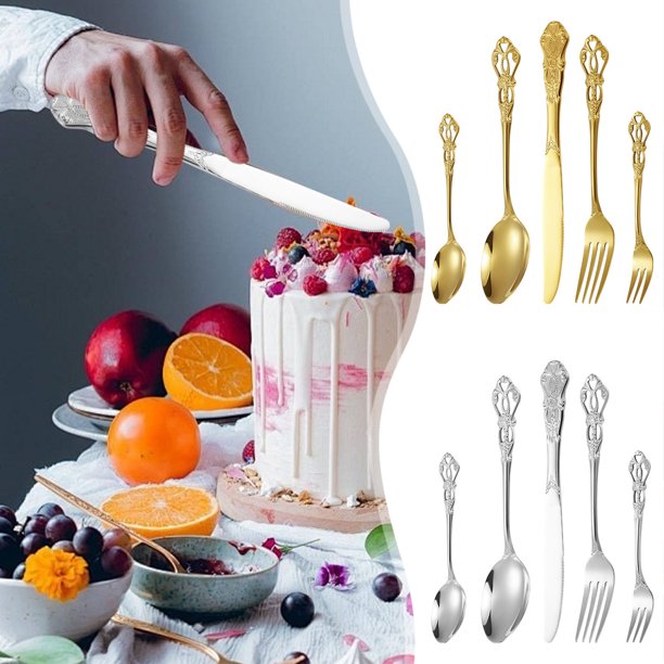 Juego de cubiertos de acero inoxidable de 5 piezas - tenedores, cuchillos y cucharas grabados con flores - Cubiertos elegantes para el lavavajillas y elegantes para cenar