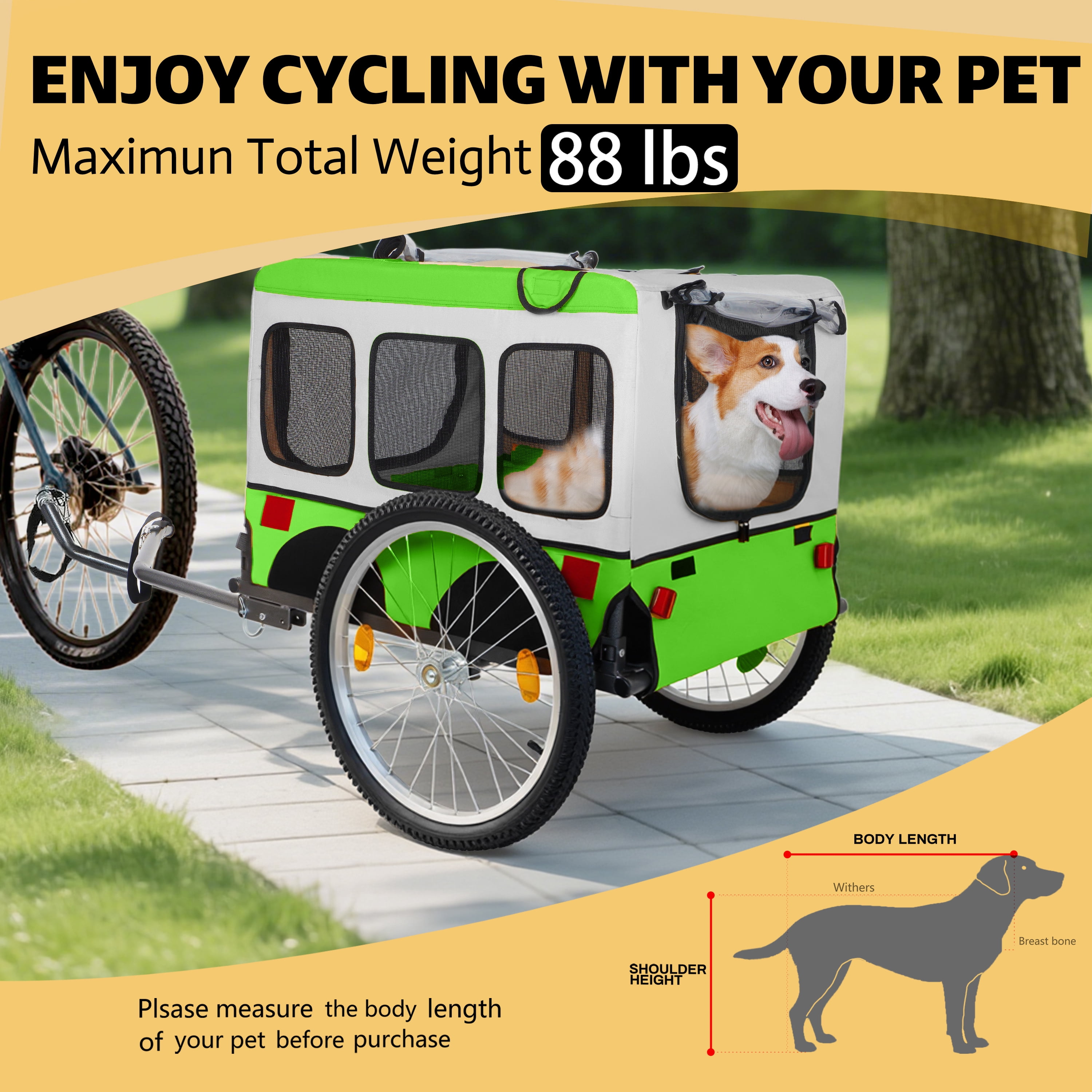 Large Folding Bike Trailer for Dogs - 20×2 1/8 Inches Wheels, Heavy-Duty Steel Frame, Spacious Design, All-Terrain Cycling, Jogging & Camping Adventure, Green