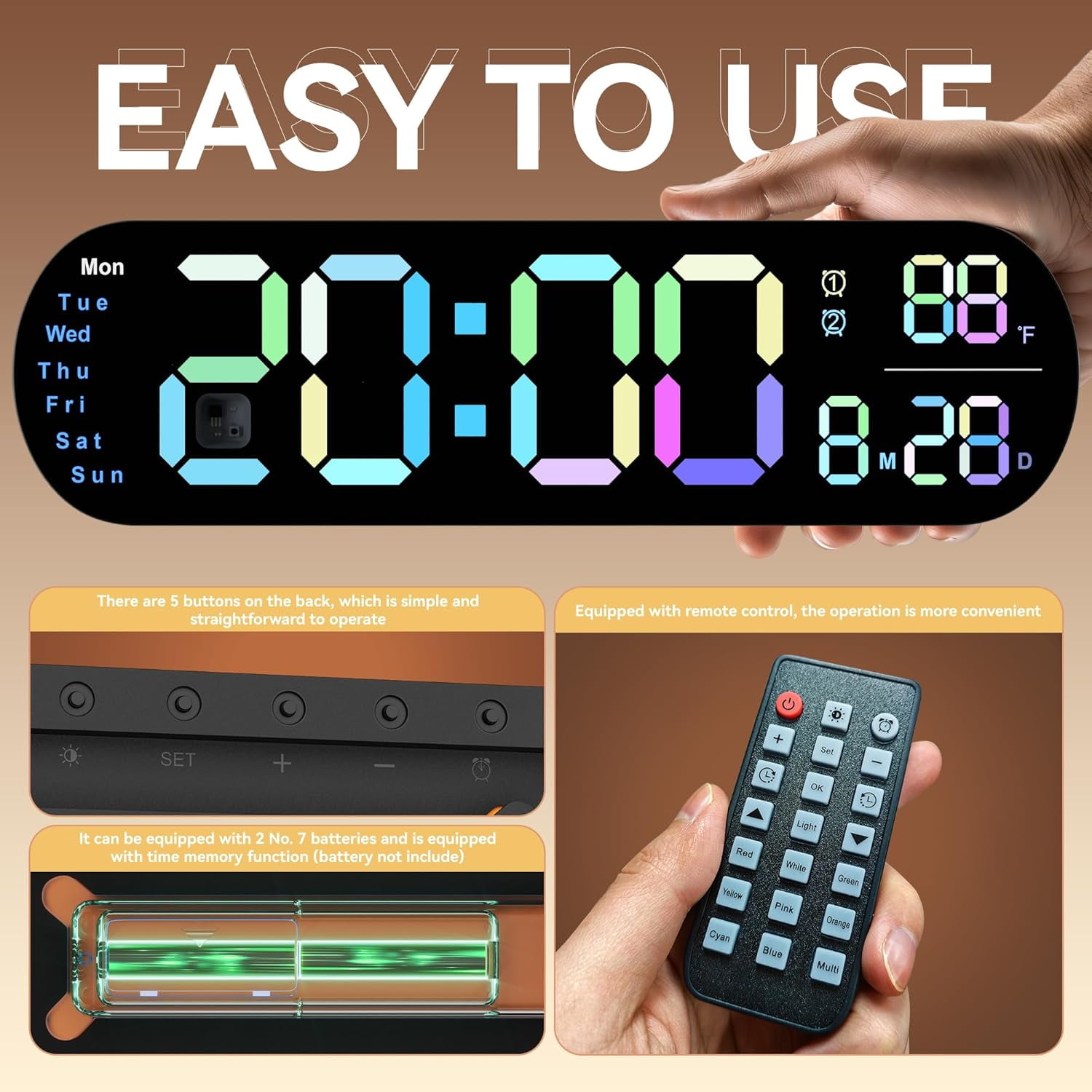 Large Digital Wall Clock with Remote Control 13.7’’, Auto Brightness, 9 RGB Ambient Light, Dual Alarm Clock&Timer, 12/24H Mode, Temperature for Bedroom, Wall Decor Gift for Elder, Black