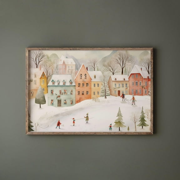 Whimsical Winter Village Wall Art Nordic Winter Festive Print Cozy Festive Town Scene Scandinavian Home Decor Seasonal Wall Art Poster Warm Present Vintage UNFRAMED Poster Size 8x12