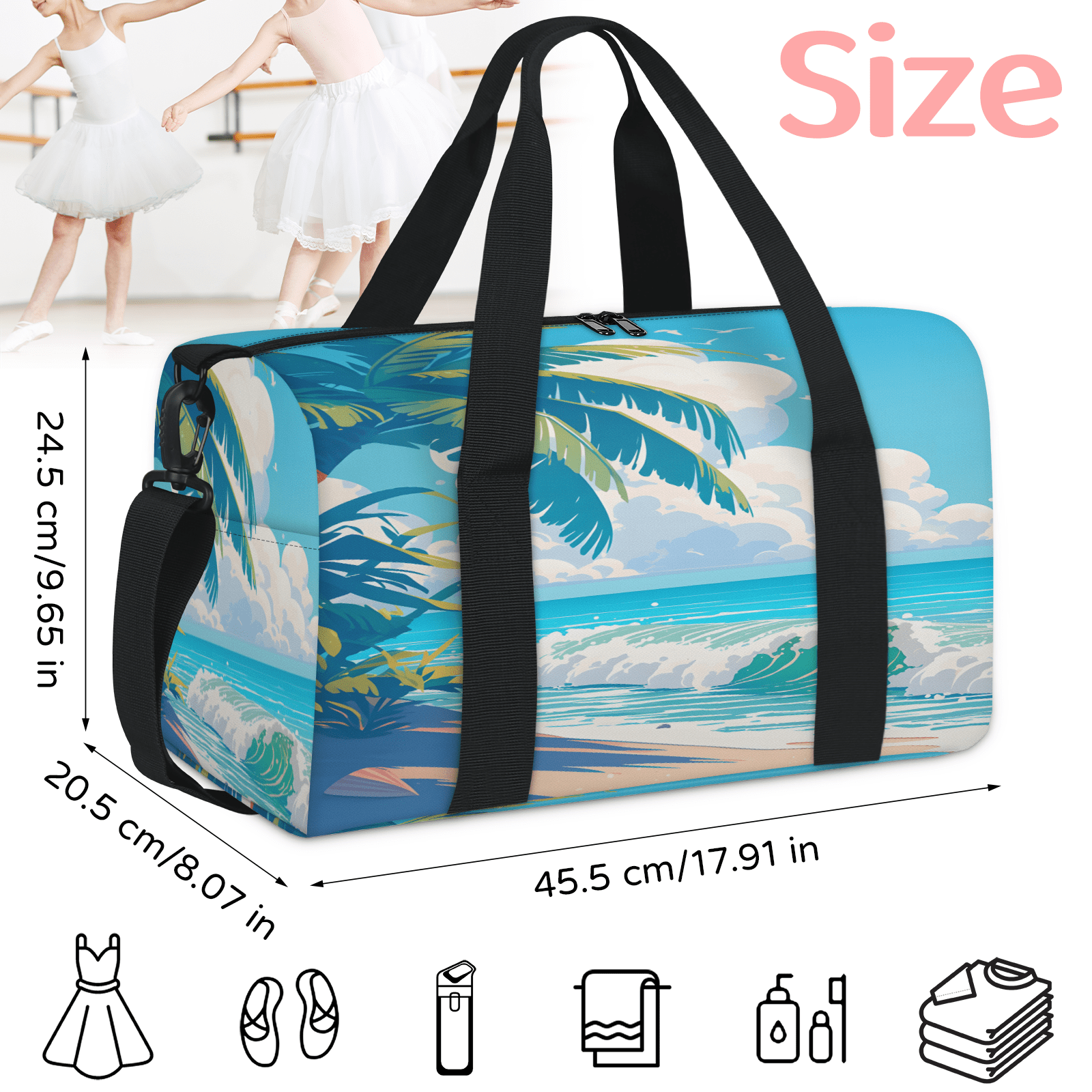 Herdesigns Tropical Palm Tree Gym Bag for Women, Duffle Bag for Travel Sport, Coastal Ocean Lightweight Waterproof Carry on Weekender Dance Yoga Workout Bags