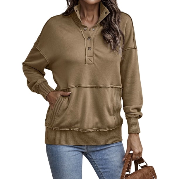 Sudadera Informal de Larga para Mujer, Cuello Alto, Botones y Cordón Ajustable Marrón L