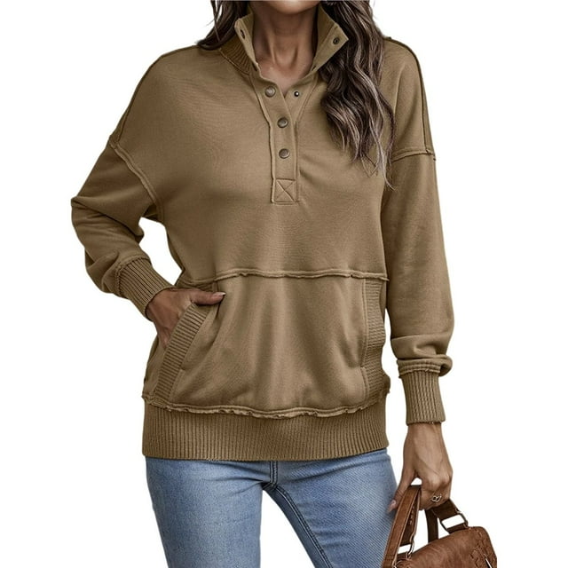 Sudadera Informal de Larga para Mujer, Cuello Alto, Botones y Cordón Ajustable Marrón XL
