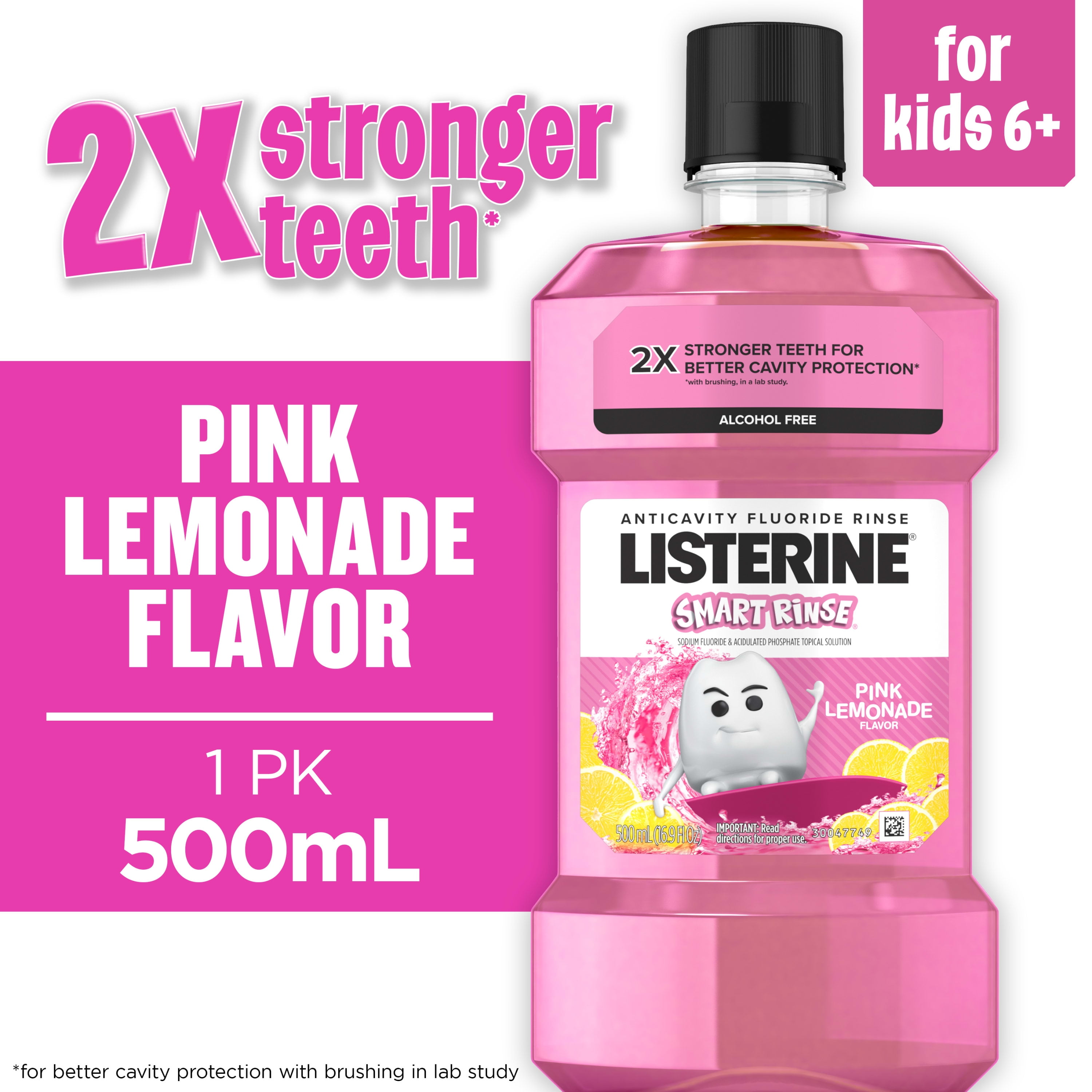 Listerine Smart Rinse Kids Anticavity Mouthwash, Pink Lemonade, 500 mL