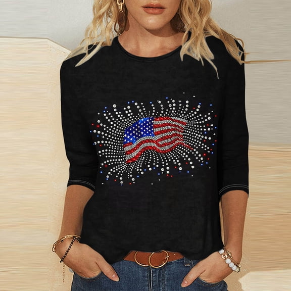 Cavosen Patriotic T Shirts for Women 4th of July 3/4 Sleeve Crewneck Tops USA Flag Print T Shirts Lady XL Red White and Blue Casual Tops Funny Patriotic Tunic Tees 2025 Patriotic Clothes
