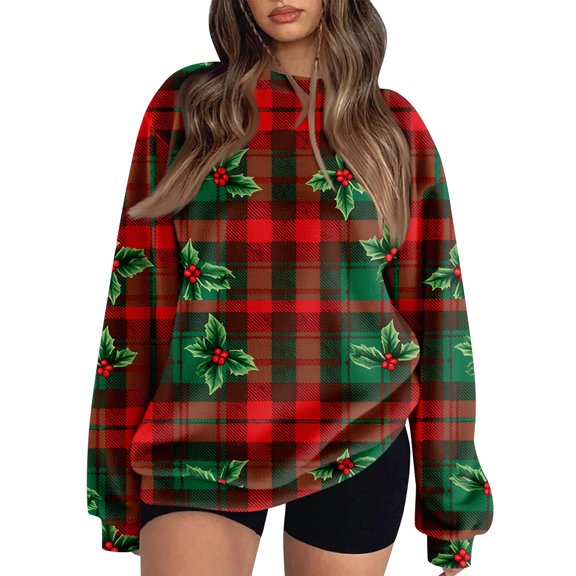Women's Fleece Hoodie with Long Sleeve Round Neck, Casual Comfortable Loose-Fit Lightweight, Christmas Plaid Print for Vintage Sportswear,Army Green,L