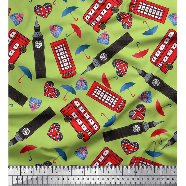 Soimoi Polyester Crepe Fabric Bus,Telephone Booth & London Clock Tower Architectural Printed Fabric 1 Yard 42 Inch Wide