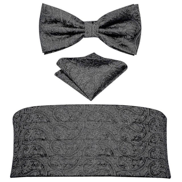 Silk Paisley Tuxedo Set for Men - Cummerbund, Bow Tie & Pocket Square - Black Formal Wide Elastic Belt for Wedding & Party