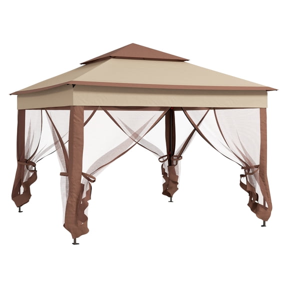 Outsunny 11' x 11' Pop Up Canopy, Outdoor Patio Gazebo Shelter with Removable Zipper Netting, Instant Event Tent w/ 114 Square Feet of Shade and Carry Bag for Backyard, Garden, Khaki