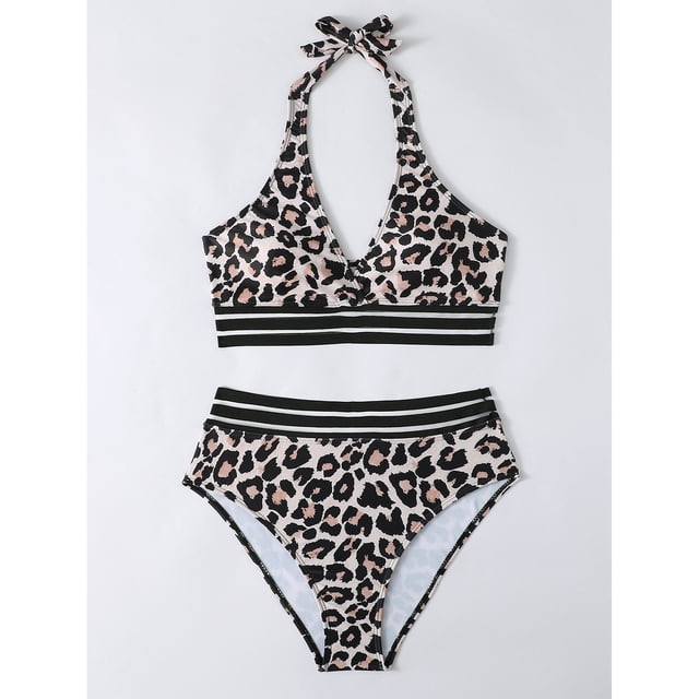 Women Swinsuit, Halter Two Piece Swimsuit Charming For Beach Parties For Surfing For Female Leopard Print XL