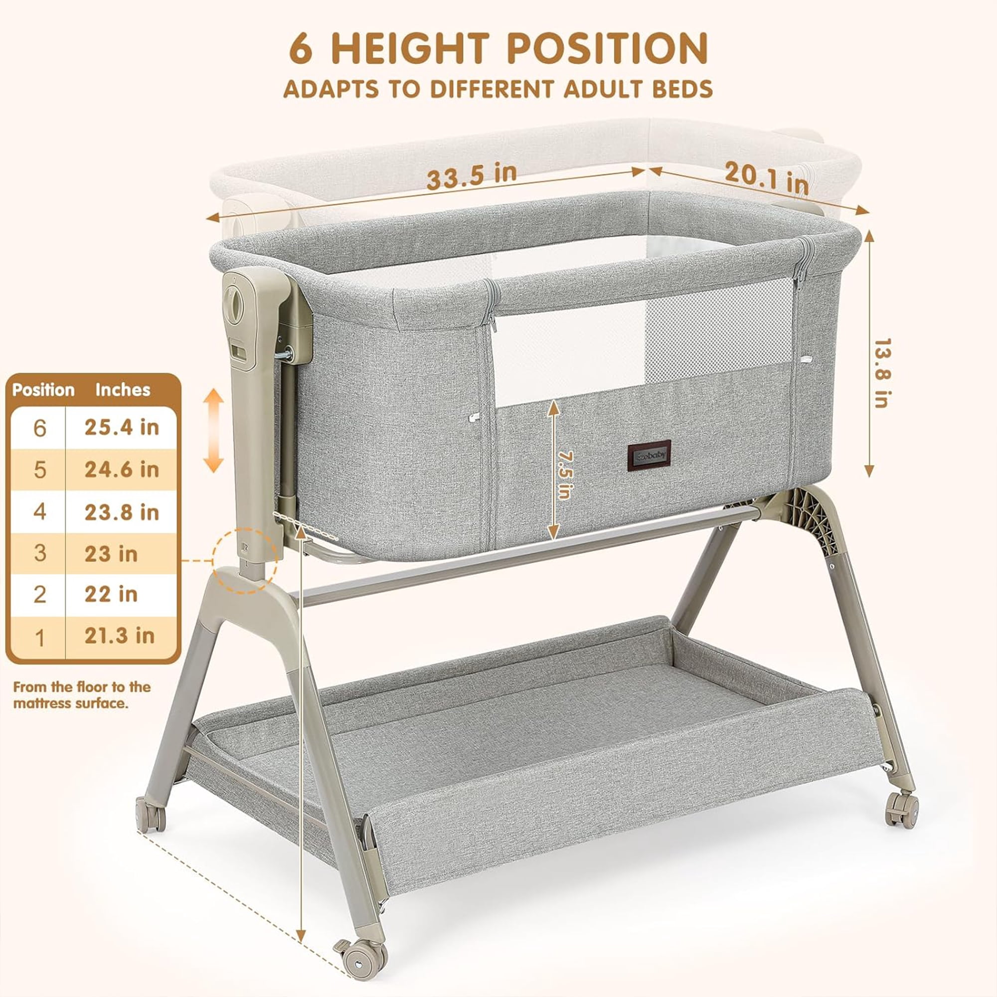 Ezebaby Baby Bassinet Bedside Sleeper, 3-in-1 Rocking Bassinet, Breathable Full-Mesh Baby Crib with 6 Height Adjustable and Lockable Wheels for Newborns