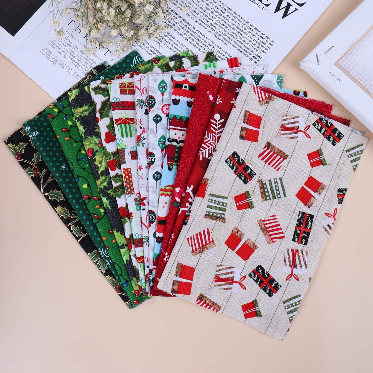 Pozyie 20 Pieces Christmas Cotton Fabric Bundles Sewing Square Patchwork Precut Fabric Scraps for DIY Christmas Stocking Tree Wreath Doll Dress Apron Quilt Coaster