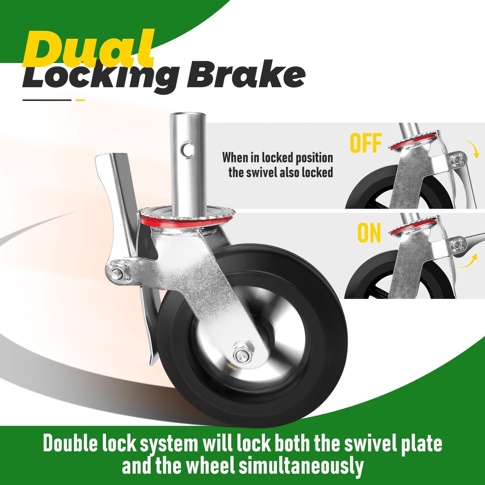 Heavy Duty Caster Wheels with Side Brakes – Set of 4, 1100 lbs Each / 4400 lbs Total, Dual Locking Brake Swivel & Wheel, Thickened Steel Plate Rubber Wheels for Workbench, Furniture, Equipment