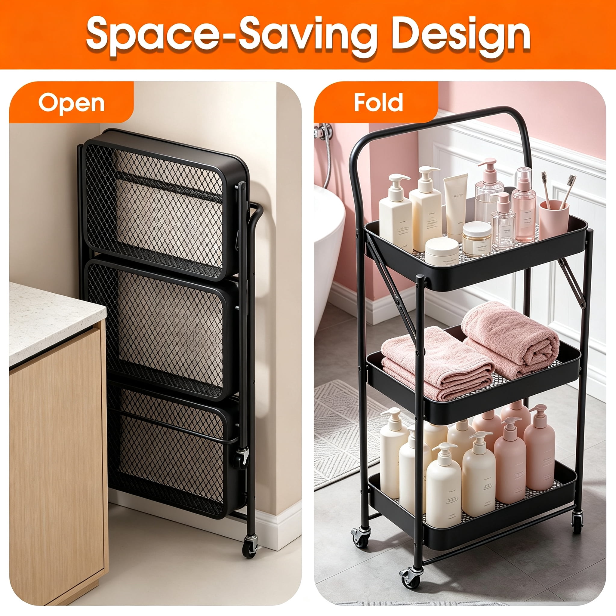 GARITIN 3 Tier Folding Rolling Cart, Folding Utility Cart with Lockable Wheels and Handle, Mobile Foldable Storage Cart Organizer for Kitchen, Bathroom, Office, Living Room, Black