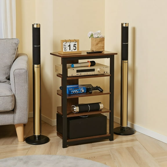 GVN Media Stand with 4-Tier Audio Rack AV Media Corner Shelf with Cable Management, Brown