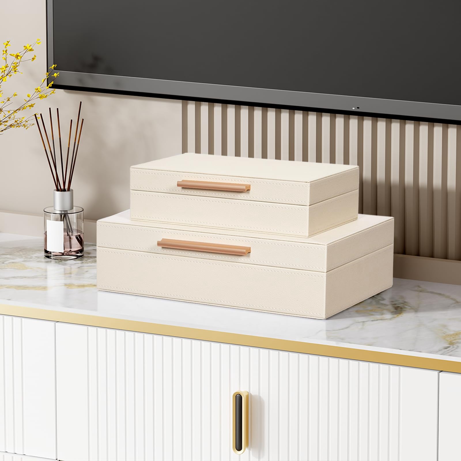 Decorative Boxes With Lids 2-set  Memory Box For Keepsakes Saving Space Beautiful Pu Leather Keepsake Storage Metal Handles Store Photos Documents White